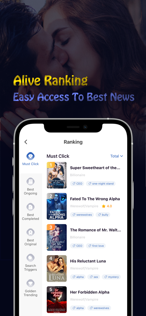 NovelWolf - Un elenco di classifiche delle storie di romanzi d'amore di licantropi e miliardari più popolari sull'interfaccia dell'app NovelWolf.