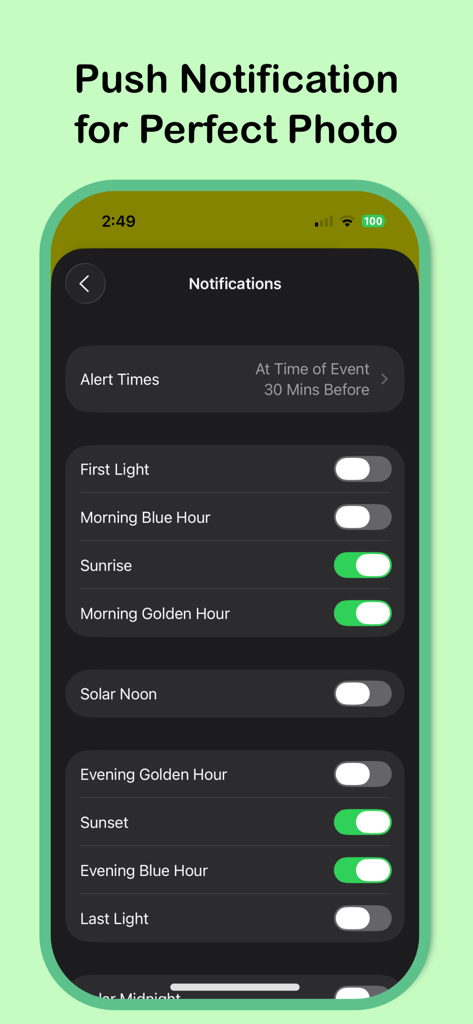 The push notification settings screen in SolarApp for sun events like golden hour and sunset