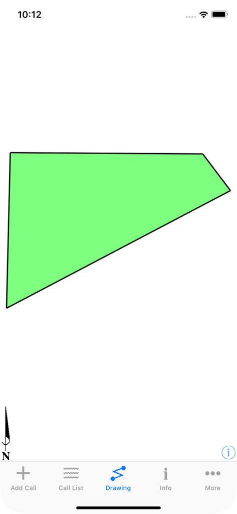 Metes and Bounds Basic - A green land tract polygon drawn in the Metes and Bounds Basic app interface.