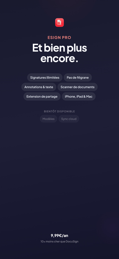Lista de recursos do eSign Pro, incluindo assinaturas ilimitadas, digitalização de documentos e anotações