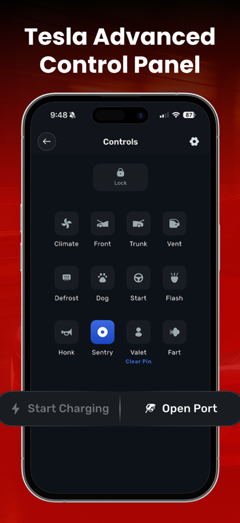 Tesla App – Elvee - Panel de control avanzado de la aplicación móvil Tesla Elvee con funciones remotas del vehículo.
