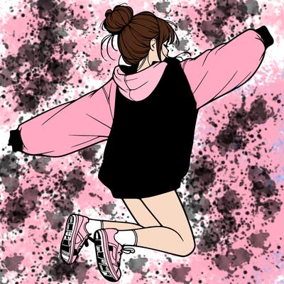 realistic girl jumping with a bun and oversized sweatshirt
