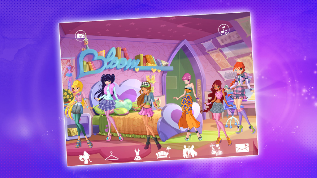 Winx Party - Un gruppo di fate del Winx Club in outfit eleganti all'interno di una stanza decorata nell'app Winx Party