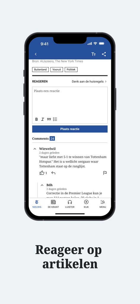 Interfaz de la aplicación de noticias De Telegraaf que muestra la sección de comentarios de un artículo en un smartphone