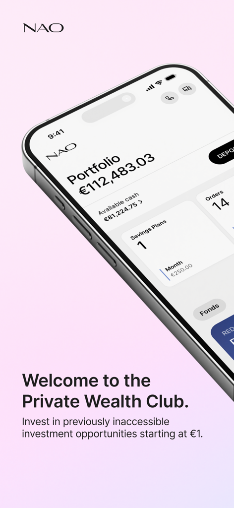 NAO Co-Investment - Smartphone screen displaying the NAO app portfolio and a welcome message to the Private Wealth Club