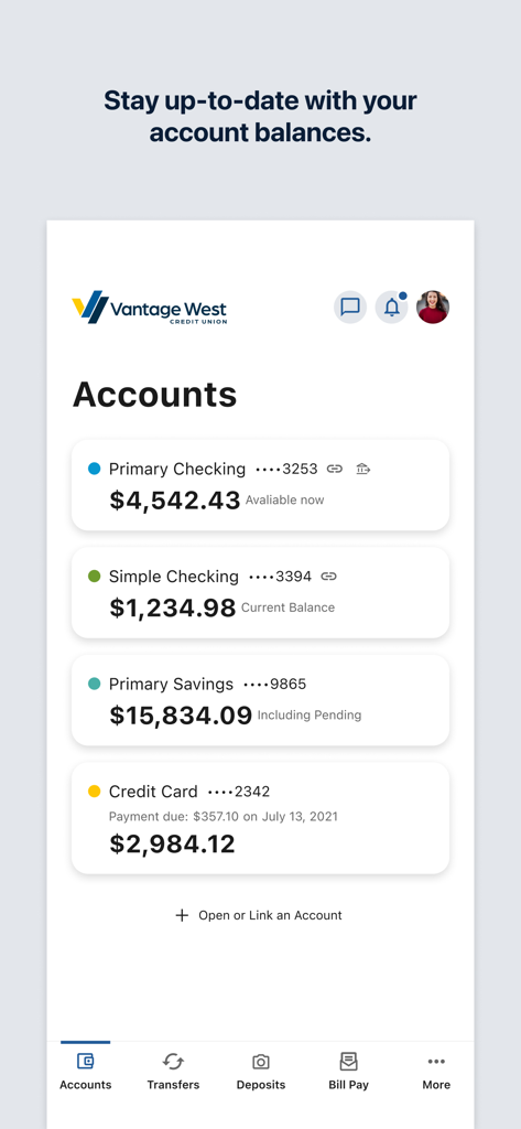 Vantage West Credit Union mobile app account overview screen showing checking and savings balances