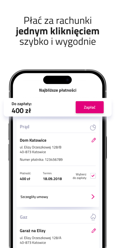Mój TAURON - Interfaccia dell'app Moj TAURON che mostra le opzioni di pagamento delle bollette di elettricità e gas