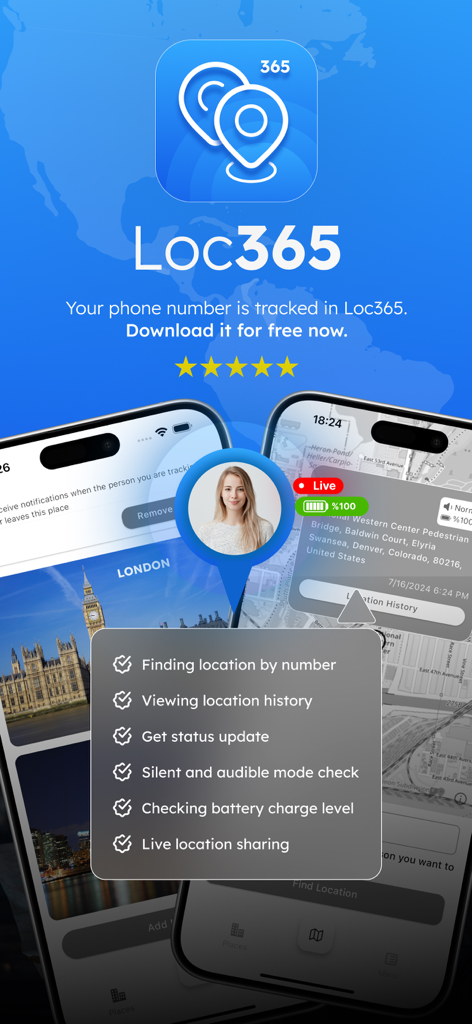 Phone Location GPS Tracker - Loc365 app interface showing real-time GPS tracking and family safety features on mobile screens