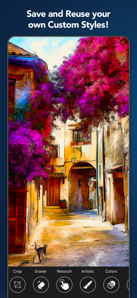 Oilbrush: Oil Painting Effects - Una foto de una calle estrecha con flores moradas transformada en una vibrante pintura al óleo utilizando estilos personalizados.