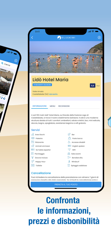 BlueKiwi - BlueKiwi mobile app interface showing beach club services and booking options