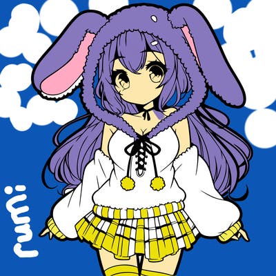 pretty anime girl wearing a fluffy hoodie with bunny ears on the hood and a skirt