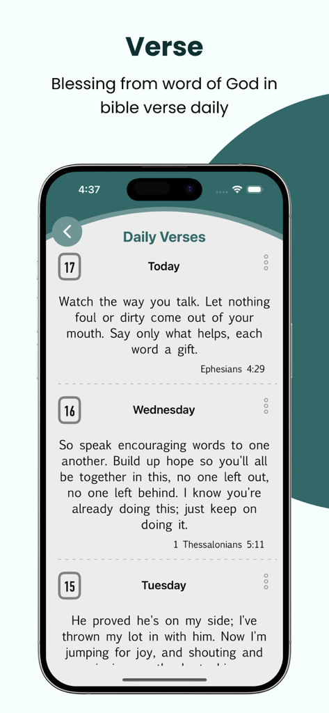 A mobile screen showing the daily verses section of the Message Bible MSG Audio app.