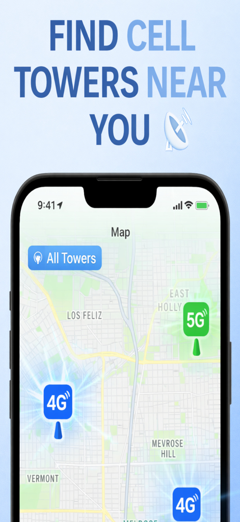 Cell Tower – Signal Finder 5G - Smartphone screen showing an interactive map with 5G and 4G cell tower locations in a city area