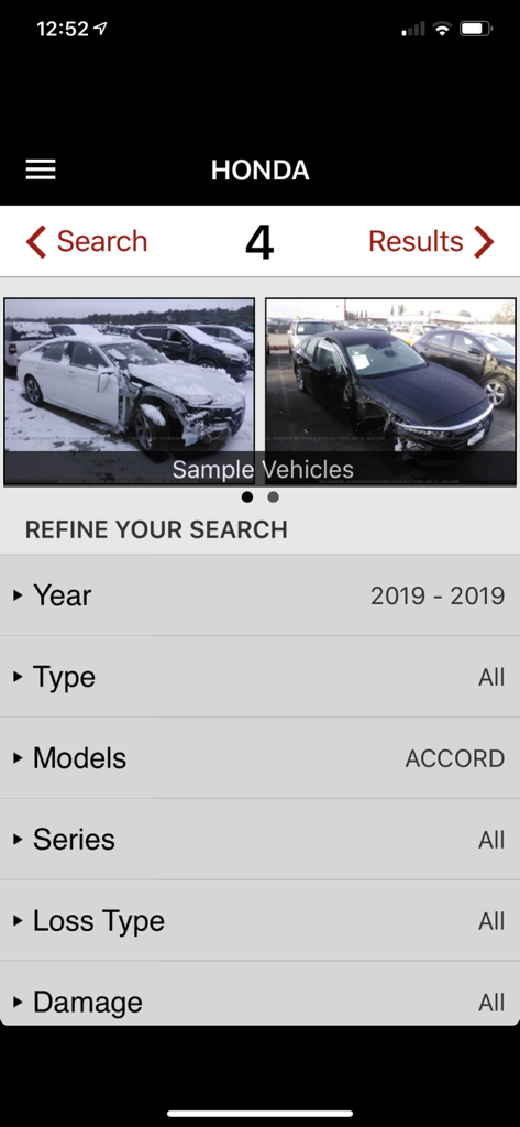 CSAToday by IAA - Mobile screen of the CSAToday by IAA app showing salvage vehicle search results and options to refine search by year model and damage type