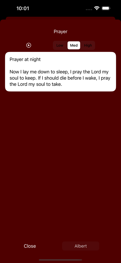 오디오 재생 및 속도 컨트롤이 있는 밤 기도문을 표시하는 기도 지킴이 앱의 화면