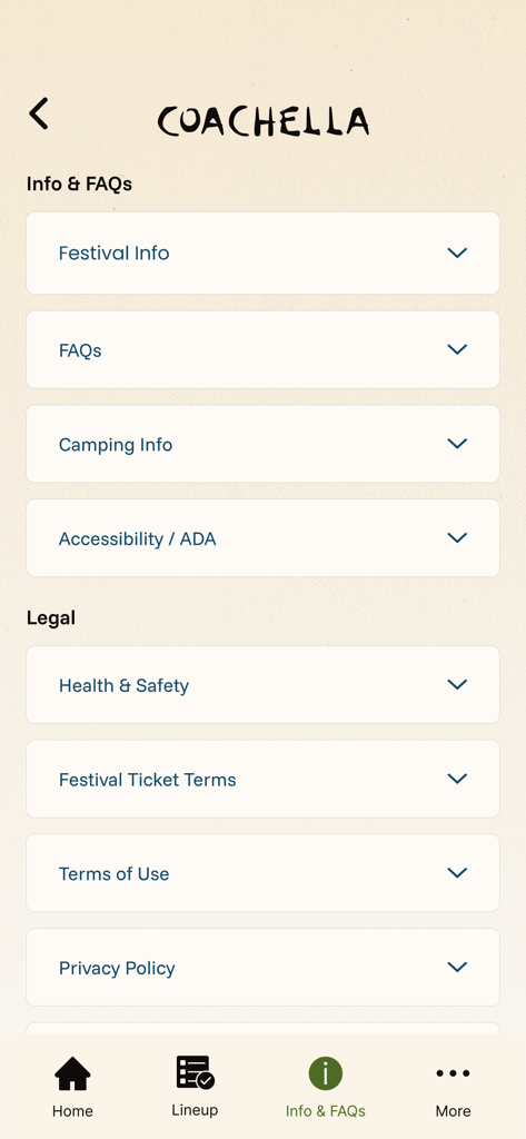 Écran d'informations et de FAQ de l'application Coachella Officiel montrant les options de menu pour les informations du festival et les termes légaux