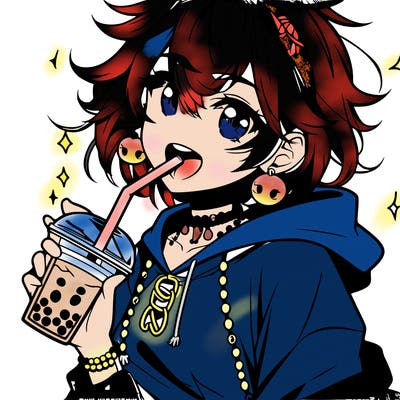 hot baddie anime girl drinking boba and biting the straw