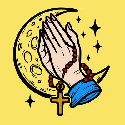 praying hands cross rosary moon