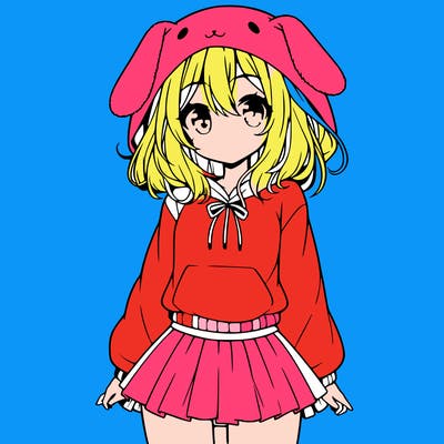 pretty anime girl wearing a fluffy hoodie with bunny ears on the hood and a skirt