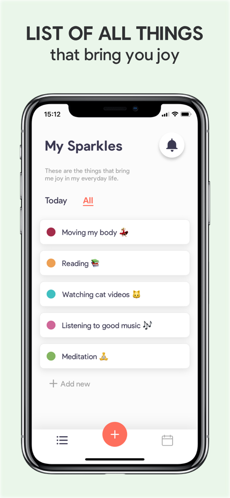 Sparkle: Self-Care Checklist - Sparkle app interface showing a list of daily self care activities to bring joy
