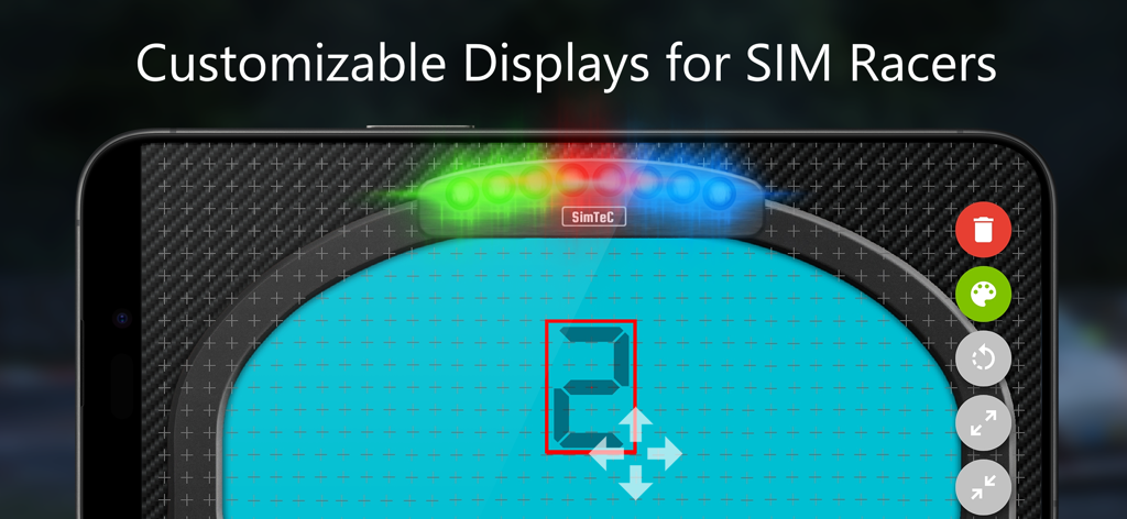SIM-Dashboard - A mobile device displaying the SIM-Dashboard app interface showing a customizable digital racing gauge with editing tools.