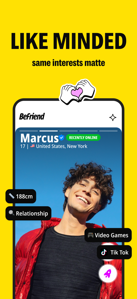 A profile on the BeFriend app showing a teenage boy from New York with tags for video games and TikTok interests