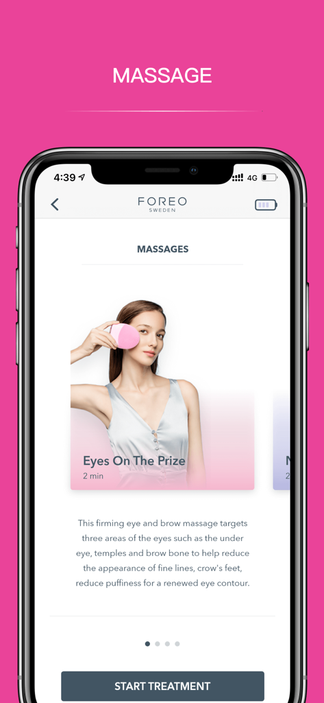 FOREO For You - FOREO For Youアプリのスクリーンショット。「Eyes On The Prize」と呼ばれるガイド付き目元・眉毛マッサージトリートメントが表示されています。