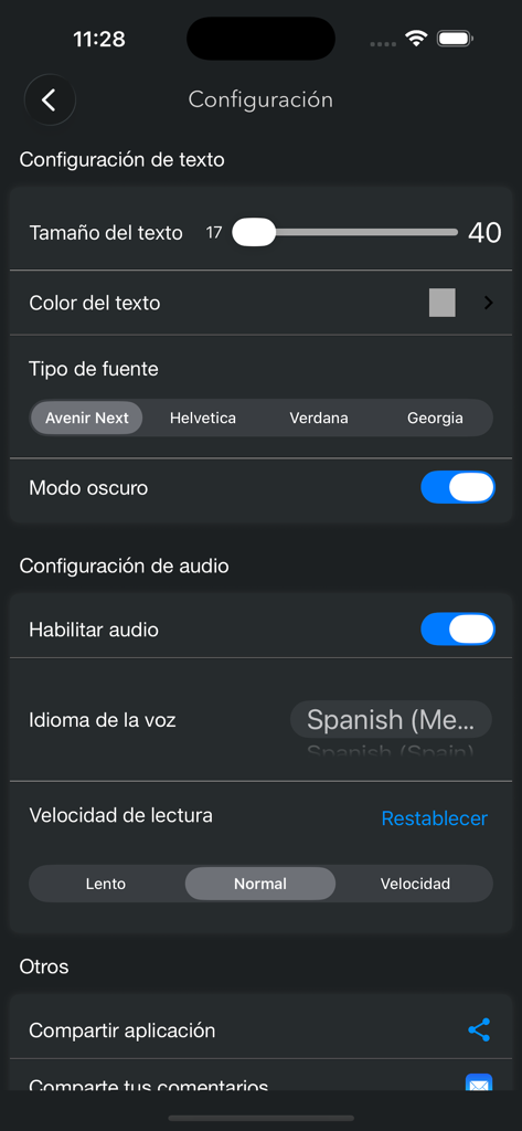 Biblia RV 1909 - Menu de configuracion de la aplicacion Biblia RV 1909 con ajustes de texto y audio