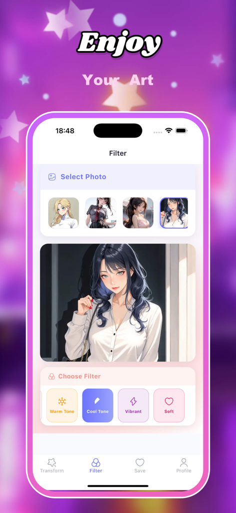 Interface do aplicativo Geko mostrando um retrato anime de IA com opções de filtro como Tom Quente e Vibrante.