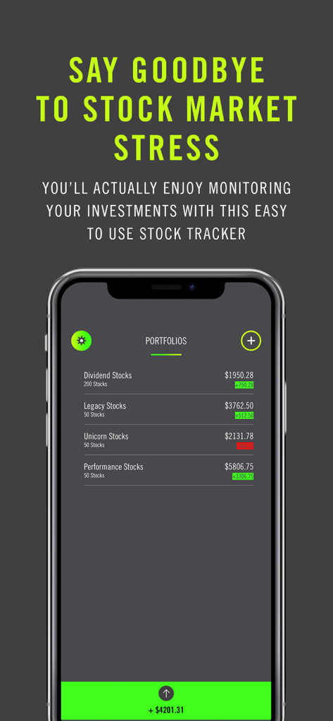 Stock Tracker Market Watchアプリ内に複数の株式ポートフォリオを表示しているiPhone