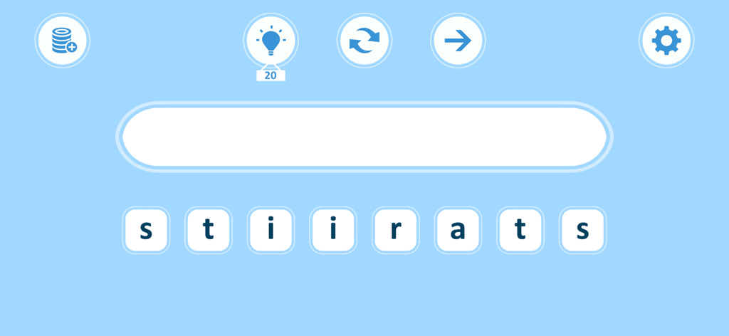 Anagrams - Word Search Puzzle - Interfaz del juego de palabras Anagramas que muestra letras revueltas para formar una palabra sobre un fondo azul