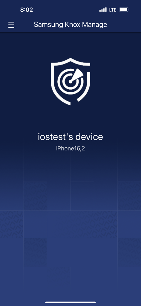 Samsung Knox Manage mobile app interface displaying managed iPhone device information and security shield logo.