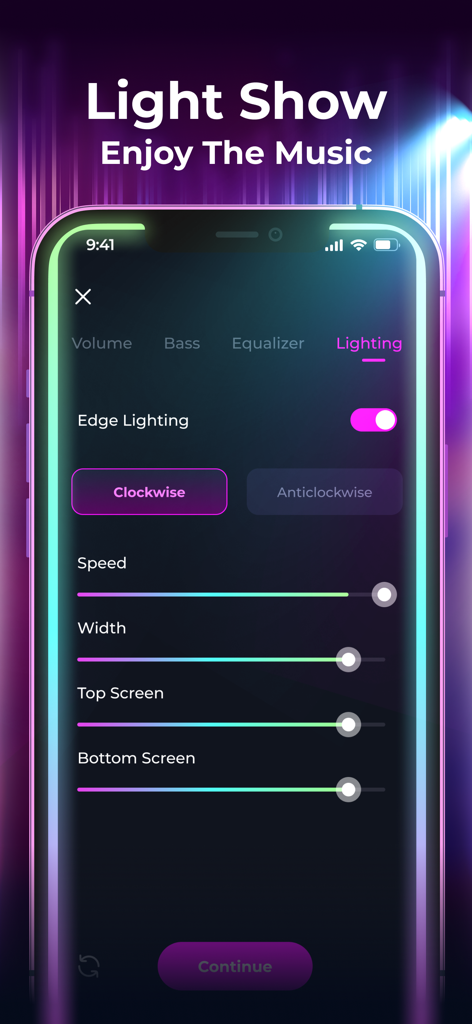 Pantalla del smartphone que muestra configuraciones de iluminación de borde personalizables en la aplicación potenciadora de volumen Louder Music para una experiencia de espectáculo de luces inmersiva