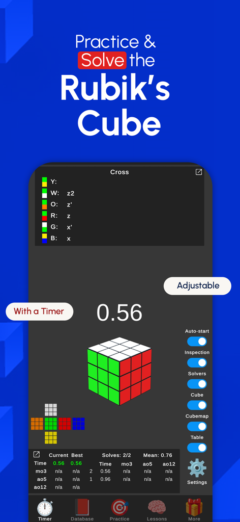CubeHub - 3x3 Cube Solver - CubeHub app interface showing a speedcubing timer and a 3D virtual Rubik's cube with solving statistics.