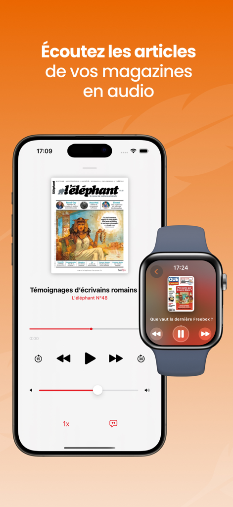 Un iPhone et une Apple Watch affichant la fonction d'écoute audio des articles de magazines dans l'application Press Connect.