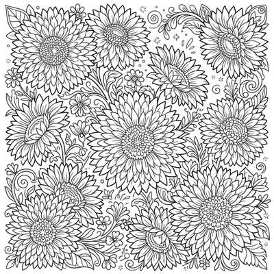 Discover the charm of Teddy Bear Sunflowers with this delightful coloring page, brimming with fluffy, double-petaled blooms. Enjoy a dense and engaging floral design perfect for all ages to bring to life.