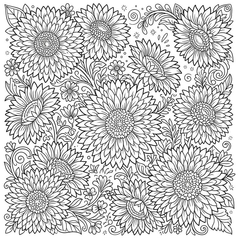 Discover the charm of Teddy Bear Sunflowers with this delightful coloring page, brimming with fluffy, double-petaled blooms. Enjoy a dense and engaging floral design perfect for all ages to bring to life.
