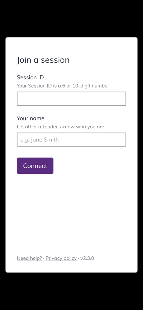 Interface of the SMART Mirror app showing the join a session screen with fields for session ID and username