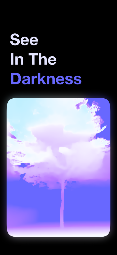 Night Vision Camera ° - Uma renderização em visão noturna roxa de uma árvore usando a tecnologia LiDAR do iPhone com o título Veja na Escuridão
