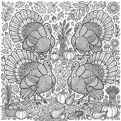 Step into the vibrant spirit of autumn with this delightful coloring page featuring four magnificent strutting turkeys. They are beautifully complemented by a rich tapestry of fall leaves and a bountiful harvest display, ready for your creative touch.