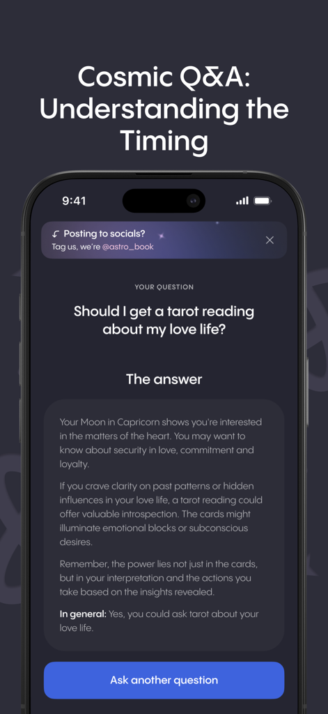 AstroBook: Astrology Insights - AstroBook app interface showing the Cosmic Q&A screen with an astrology-based answer to a question about love life