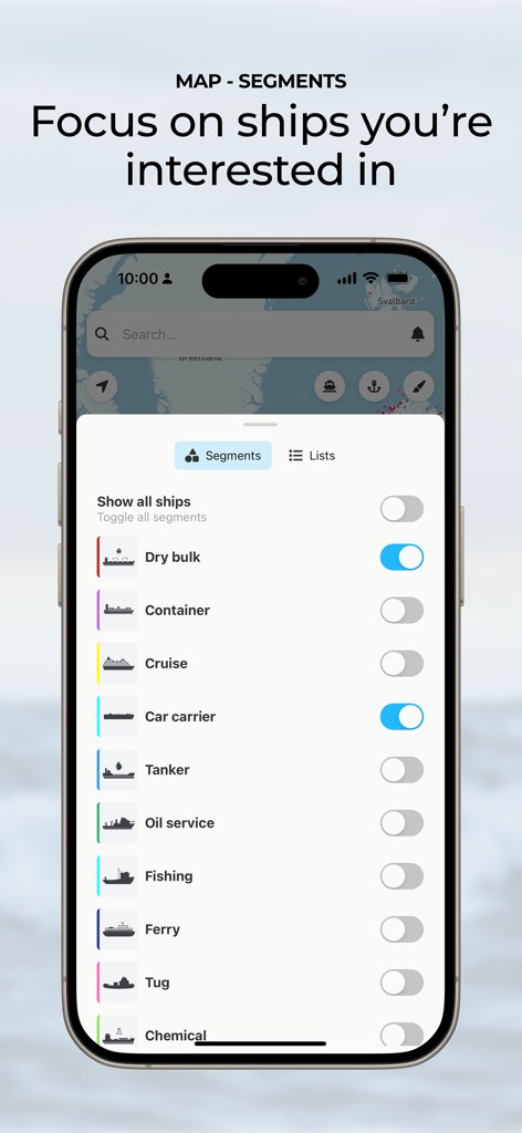 ShipAtlas - Ship Tracker - ShipAtlas interface showing vessel segment filters for customized ship tracking