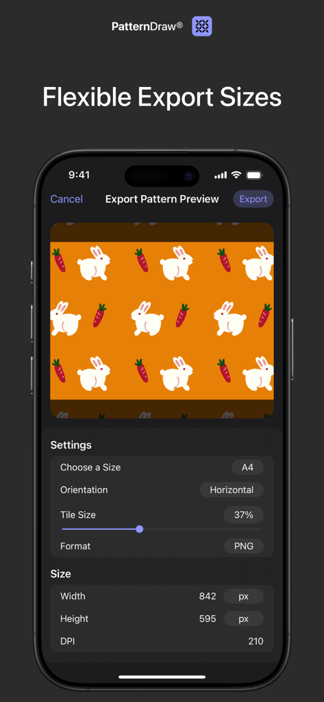 Export settings screen in PatternDraw app showing a repeating bunny and carrot pattern with customizable size and orientation options.