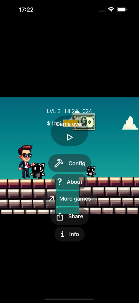 Tech Billionaire Jump - Una pantalla de fin de juego de estilo retro de Tech Billionaire Jump que muestra al personaje billonario y las opciones del menú.