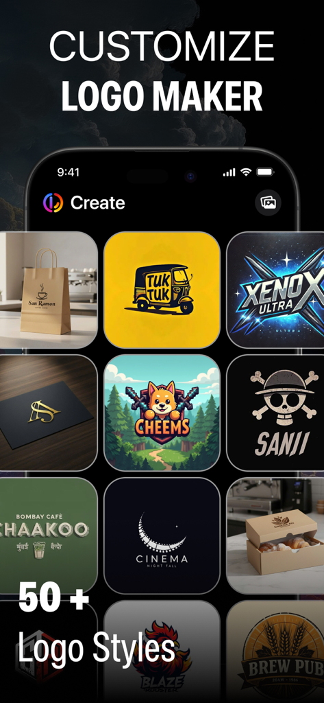AI Logo Maker Brand Generator - Aplicativo AI Logo Maker mostrando uma grade de diferentes estilos de logotipo, como designs de games e minimalistas