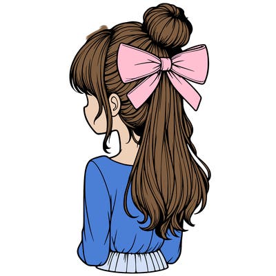 realistic girl  with hip length hair a bun and a big bow on the back of head