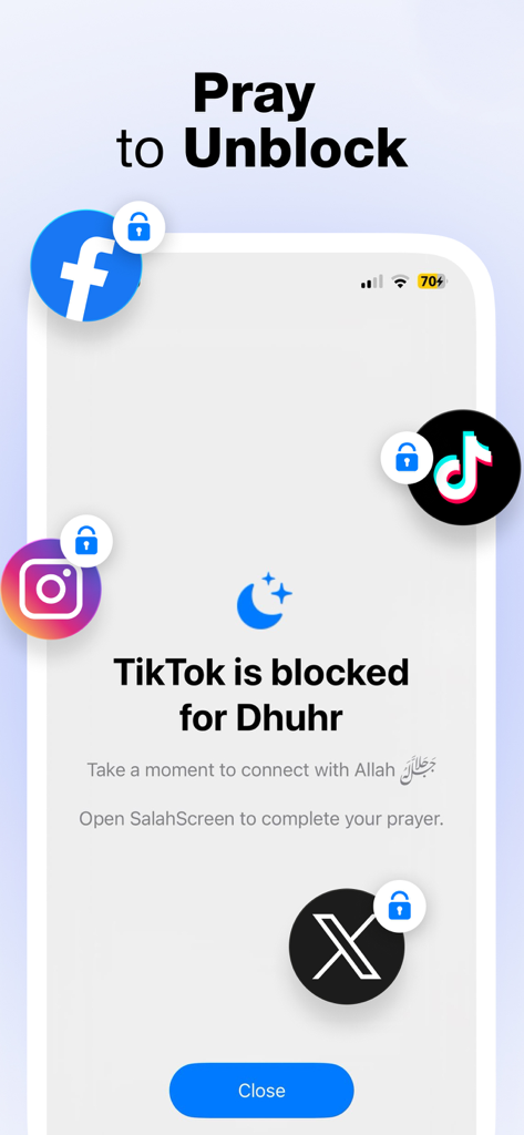 Smartphone screen showing social media apps blocked by SalahScreen during Dhuhr prayer time with a Pray to Unblock message.
