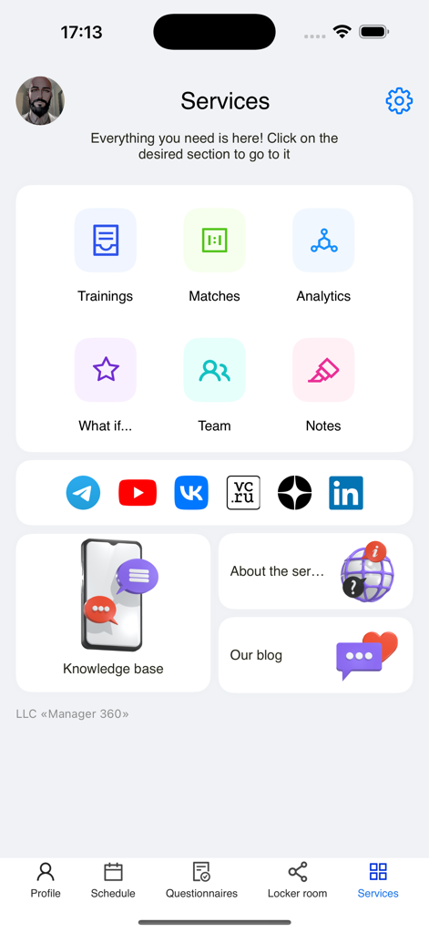Manager 360 - The Services screen of the Manager 360 app showing icons for trainings matches analytics and team management for sports coaches
