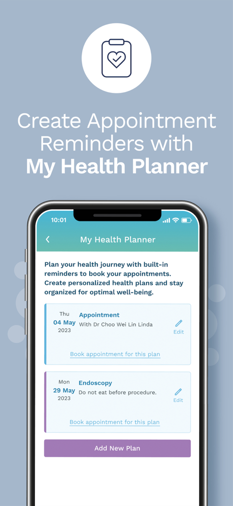 A mobile interface for My Health Planner showing a schedule of medical appointments and procedure reminders.