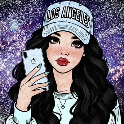 realistic beautiful girl wearing los ángeles cap holding an iphone
